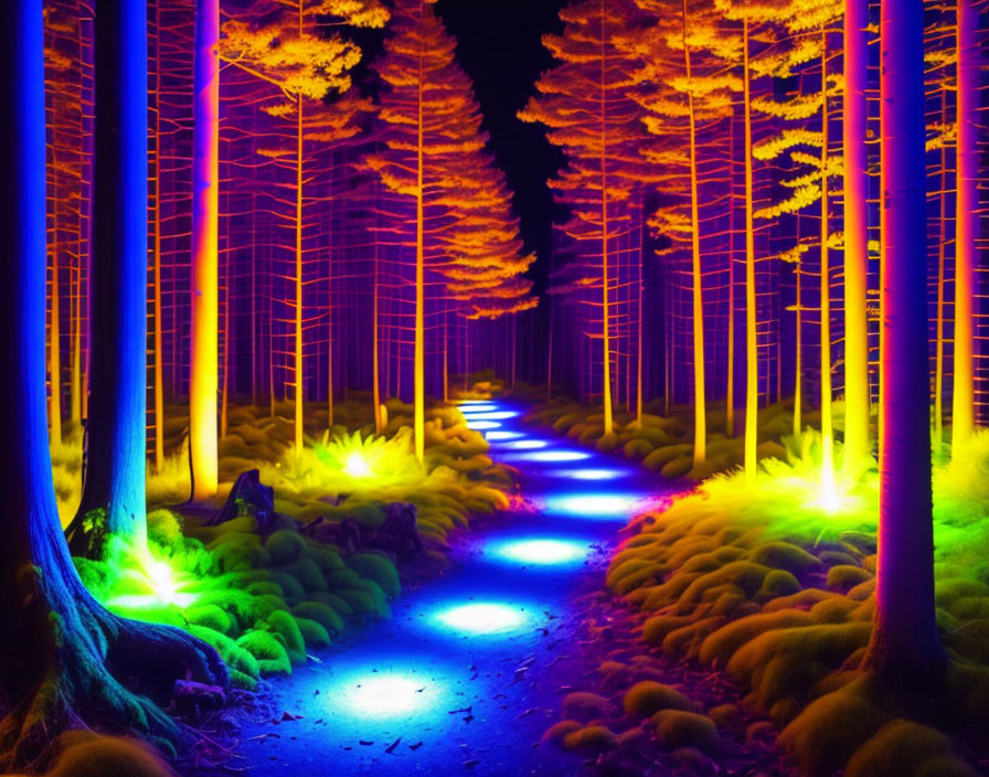 Neon-lit forest pathway with surreal glow amid tall trees