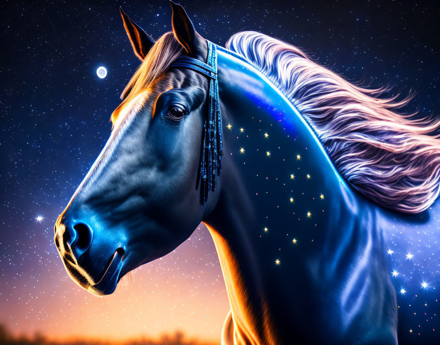 Majestic horse digital artwork with vibrant blue coat and starry night theme