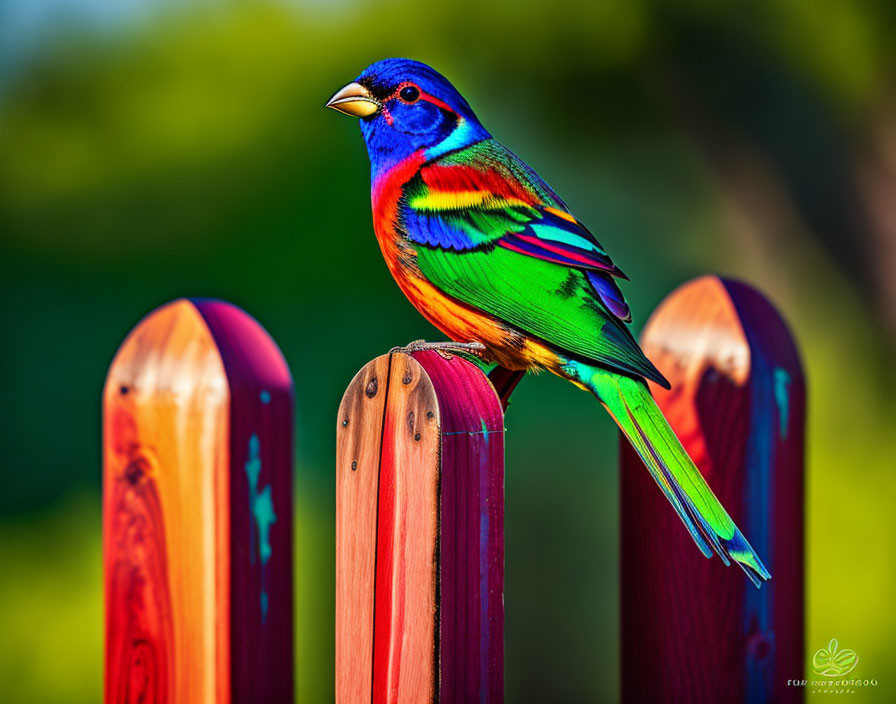 Colorful Painted Bunting Bird on Wooden Fence with Green Background