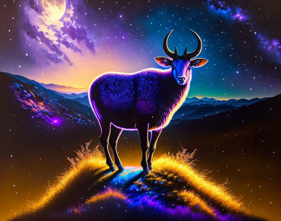 Colorful Illustration: Glowing Purple Ram on Cosmic Hill