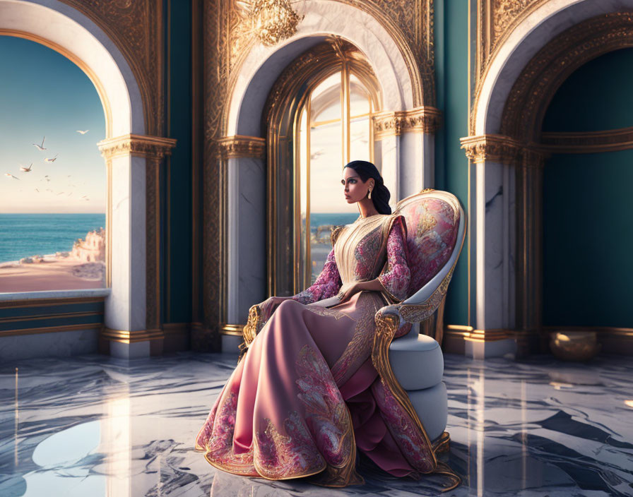 Woman in elegant gown on throne in luxurious room by the sea with birds flying