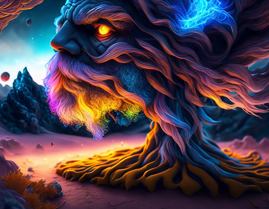 Mythical lion with electric blue mane in alien landscape