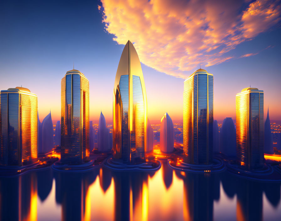 Futuristic city skyline at sunset with reflective skyscrapers