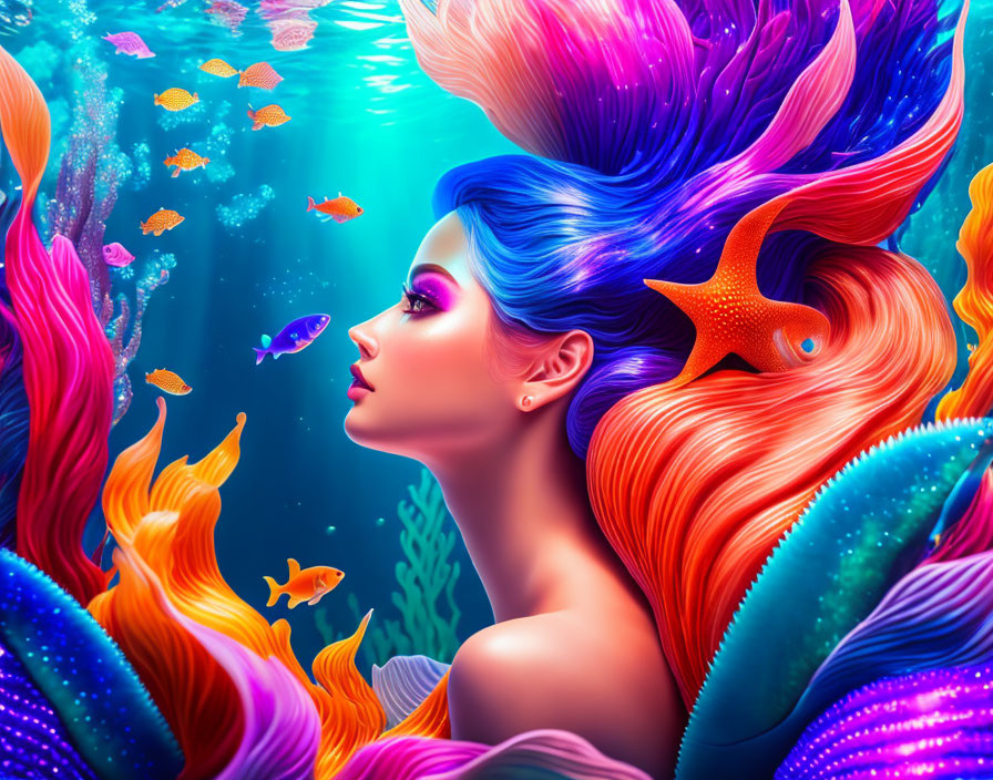 Colorful Mermaid Hair Female Figure Underwater with Fish and Starfish