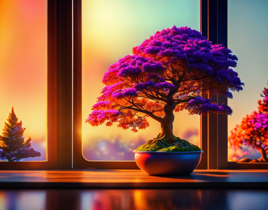 Purple foliage bonsai tree on windowsill against sunset backdrop