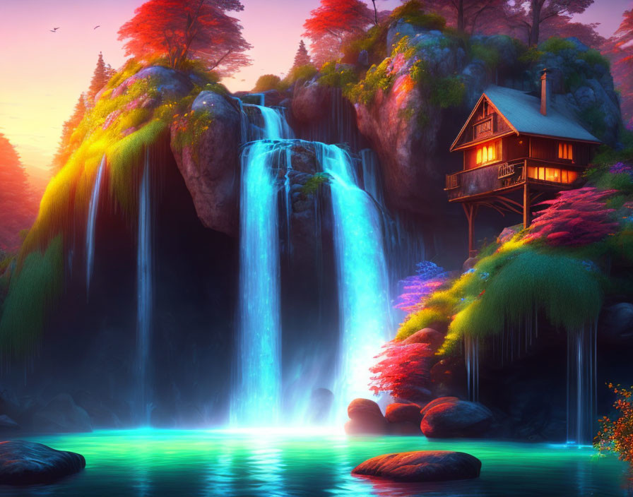 House by Waterfall Surrounded by Vibrant Flora