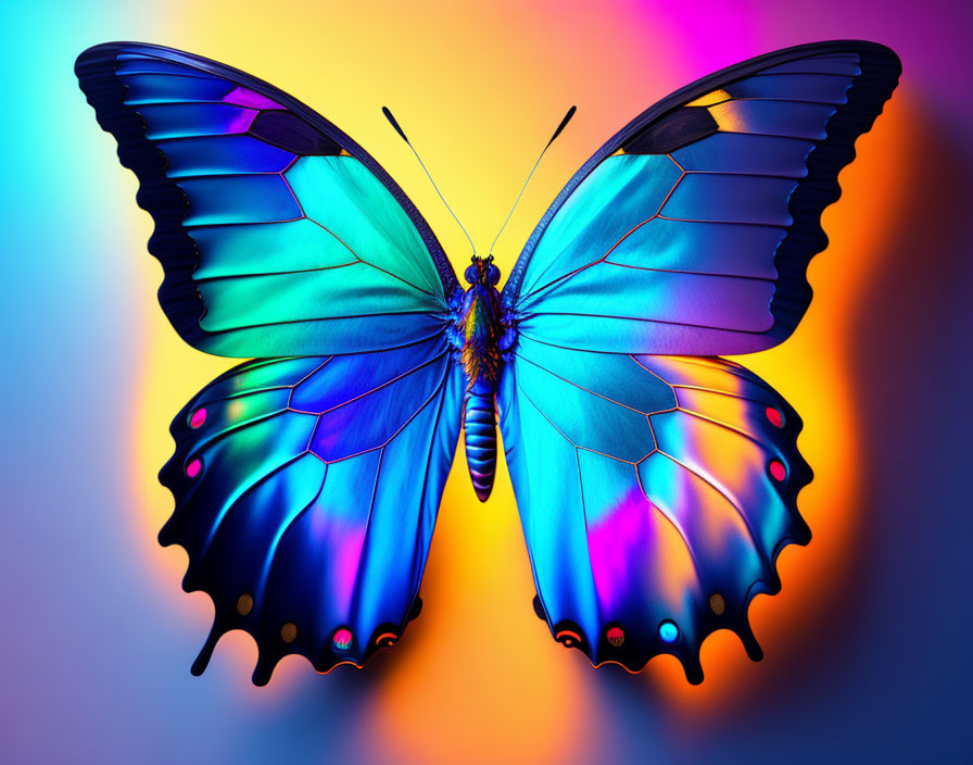 Detailed Blue Butterfly on Purple, Blue, and Orange Gradient Background