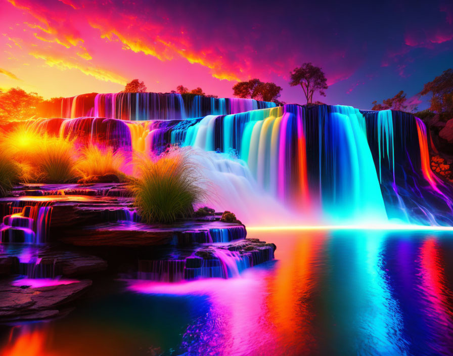 Colorful Waterfall at Twilight with Neon Reflections