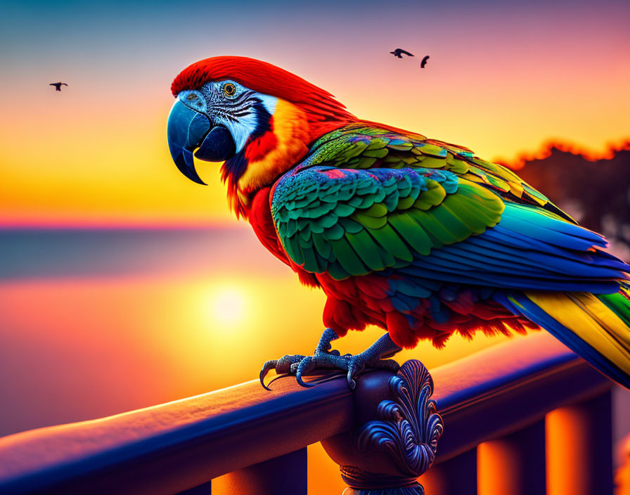 Colorful Macaw Perched at Sunset Over Ocean