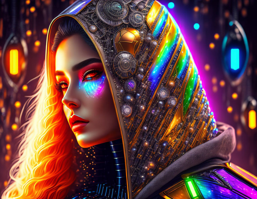 Vibrant makeup woman in futuristic hood against neon-lit backdrop