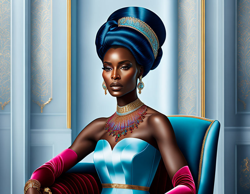 Regal woman with blue headwrap, makeup, and jewelry in elegant room