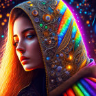 Vibrant makeup woman in futuristic hood against neon-lit backdrop