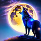 Wolf howling at oversized moon in starry night sky