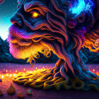 Mythical lion with electric blue mane in alien landscape