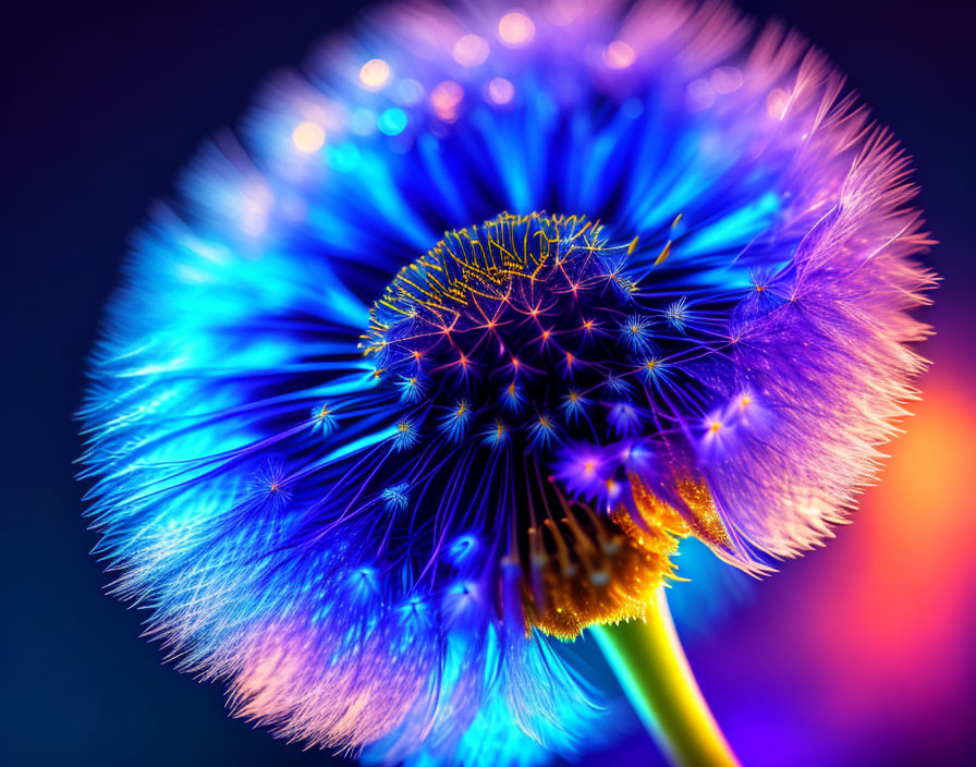 Close-up Dandelion with Blue Neon Light Effects