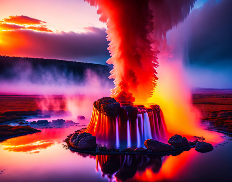 Vibrant dusk colors in geyser eruption scene