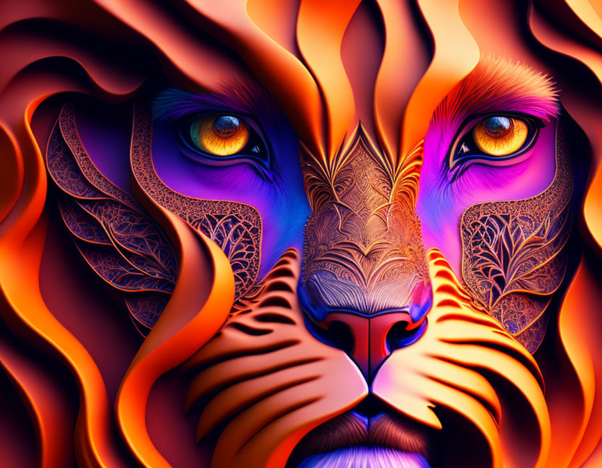 Symmetrical lion digital art with vibrant colors and intricate patterns