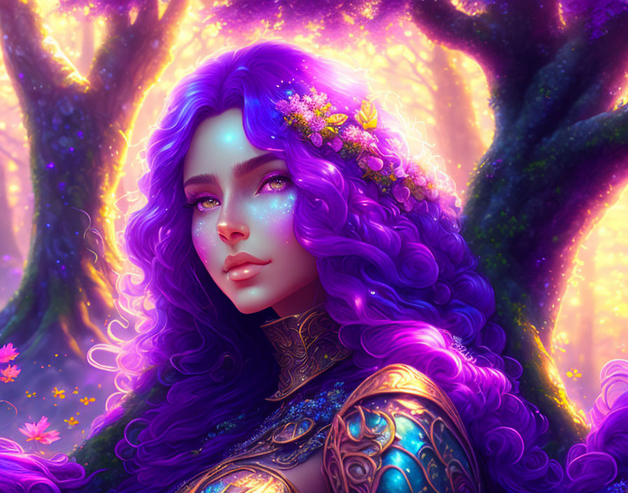 Fantasy digital artwork: Purple-haired woman in enchanted forest