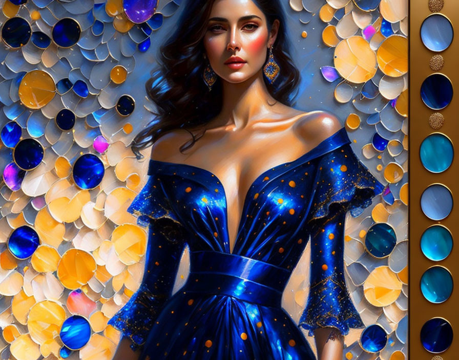 Dark-haired woman in blue off-the-shoulder dress with jewelry on sequined backdrop