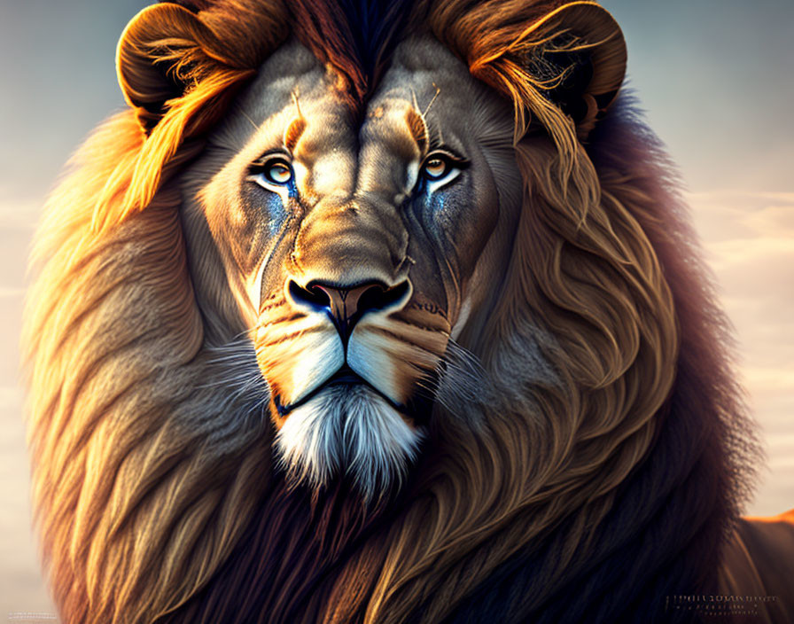 Majestic lion with full mane on golden background