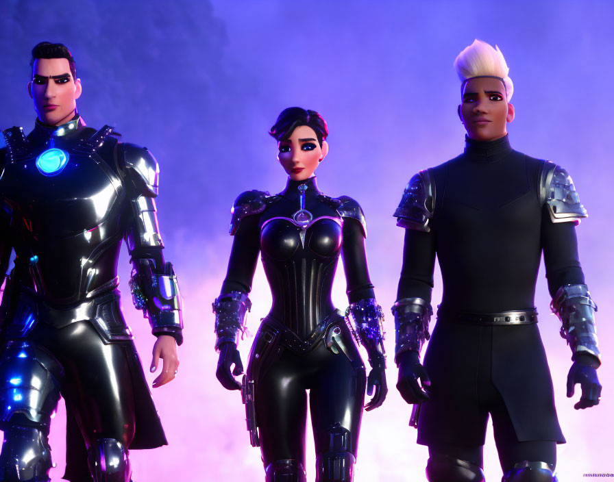 Three animated characters in futuristic armor against purple background