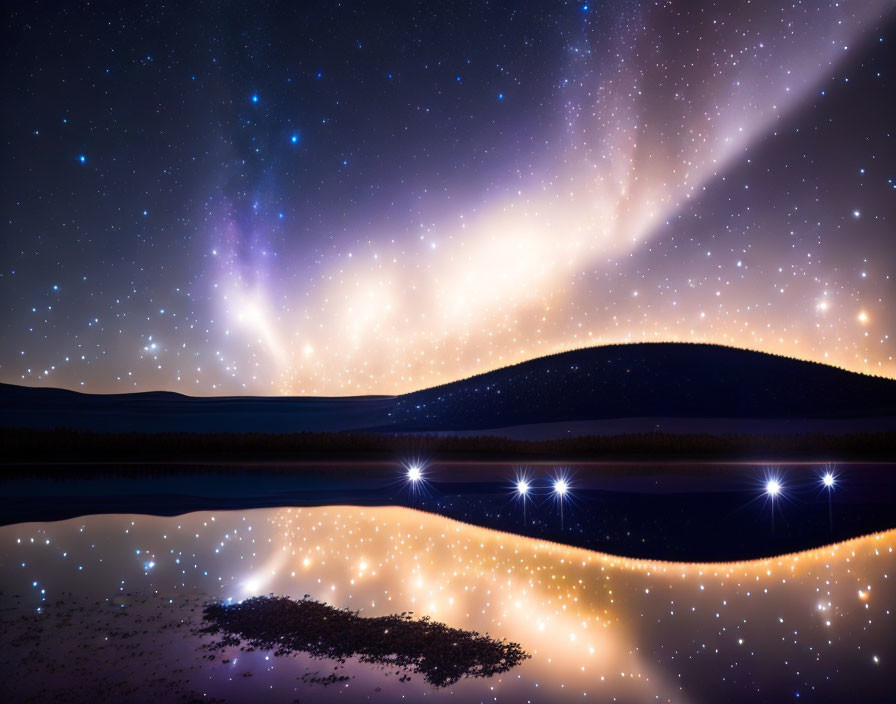 Tranquil lake scene with starry sky and milky way reflections