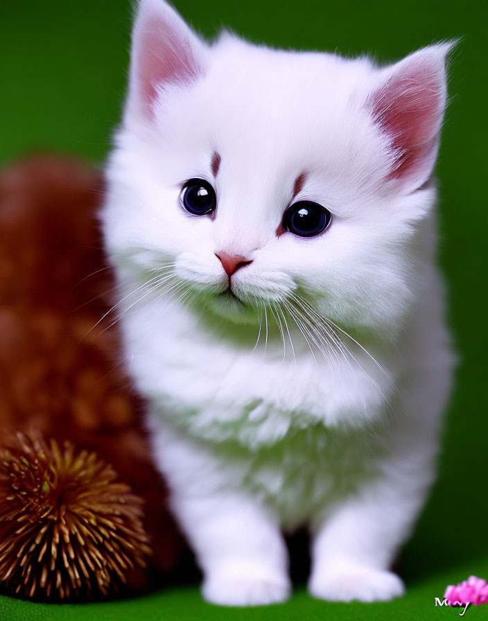 Adorable white kitten with black markings and pink nose on green surface.