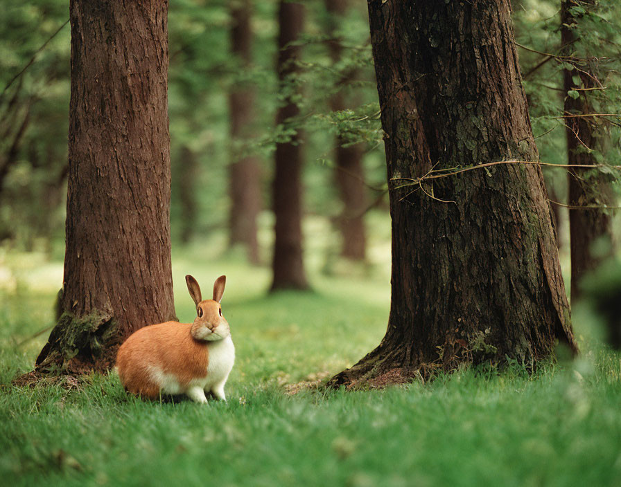 Brown and White Rabbit Alert Among Tall Trees in Verdant Forest