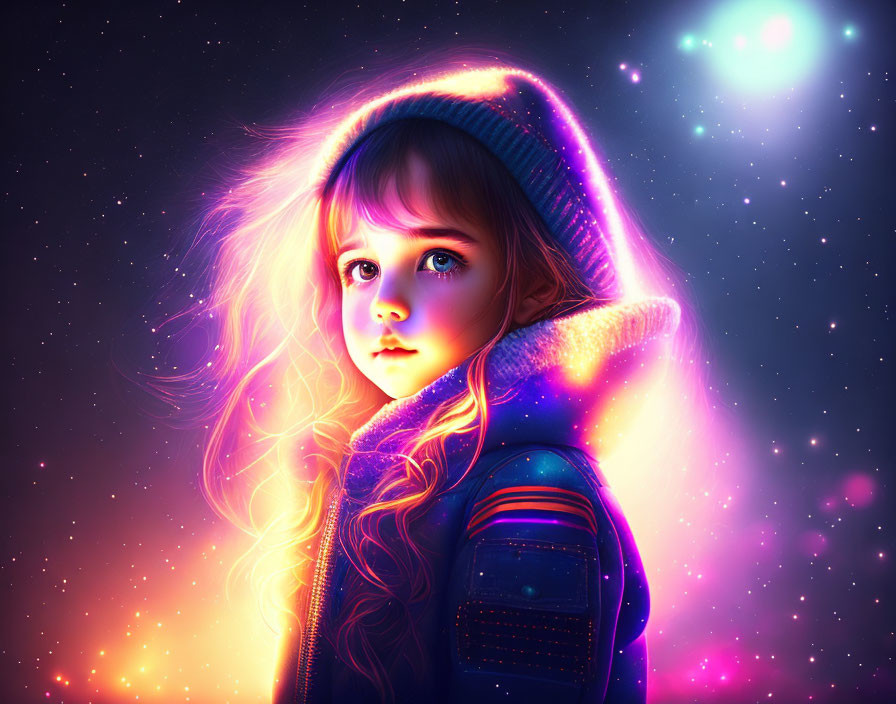 Young girl in hoodie under neon lights on starry background