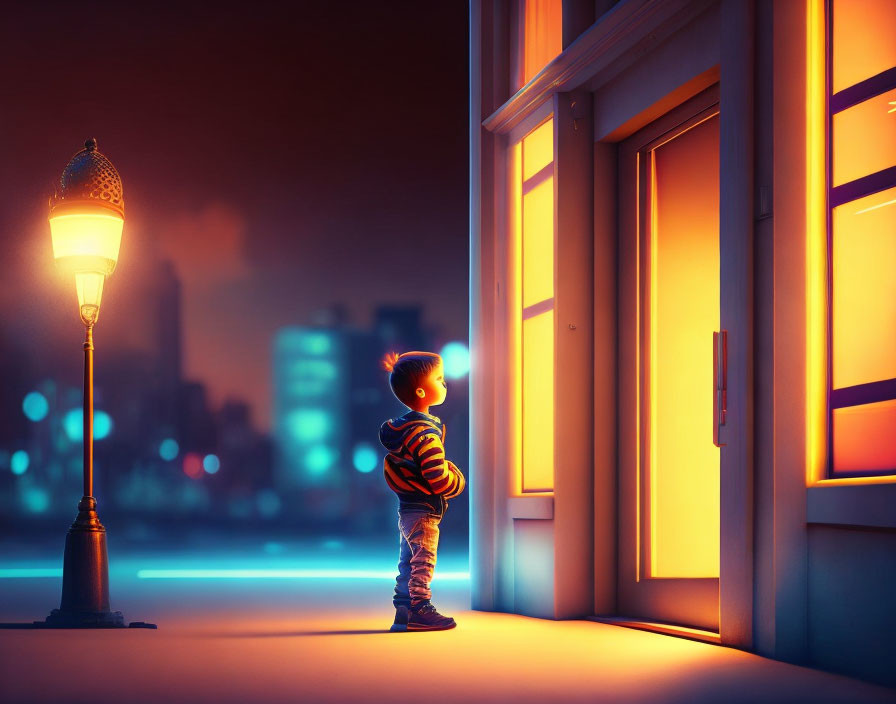 Child standing at open door in warm light near glowing streetlamp against twilight cityscape.