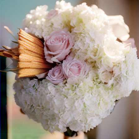 White Hydrangeas and Pale Pink Roses Bridal Bouquet with Golden Ribbon