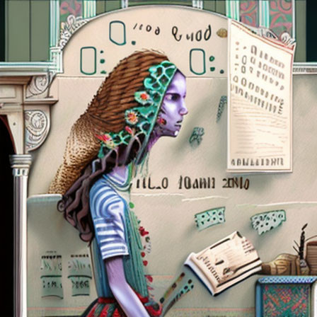 Purple-skinned woman intertwined with architecture and paperwork in surreal illustration.