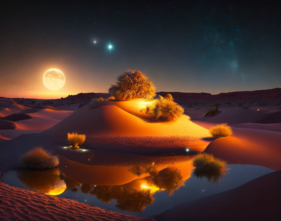 Twilight desert landscape with moon, dunes, water, starry sky, galaxy.