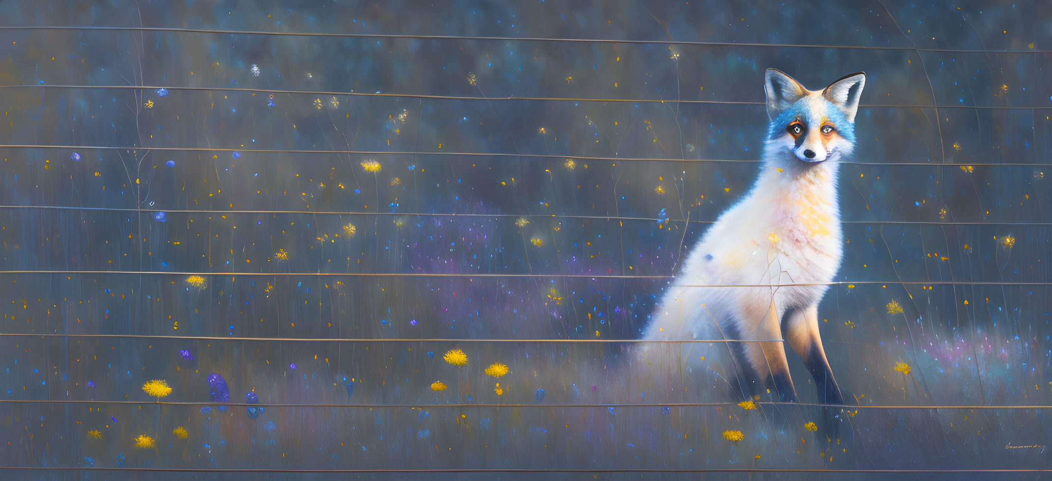 Colorful Ethereal Fox in Starry Background with Flowers