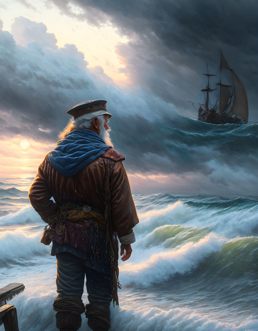 Bearded Sea Captain in Traditional Uniform Observing Sailing Ship in Stormy Seas