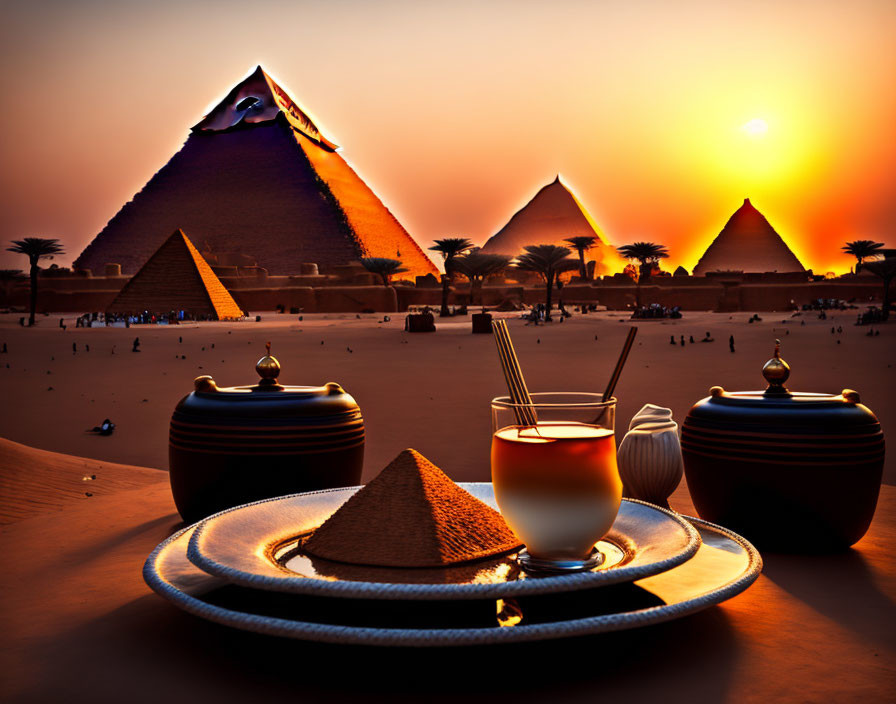 Egyptian Pyramids Sunset View with Refreshing Drink and Headwear Plate