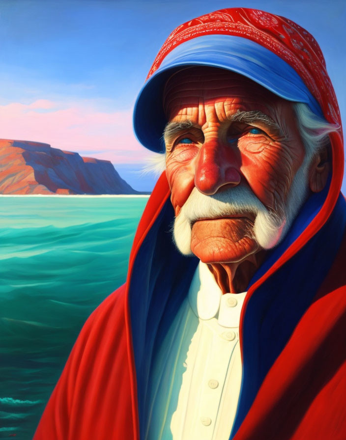 Elderly person in red bandana and blue cape by calm sea