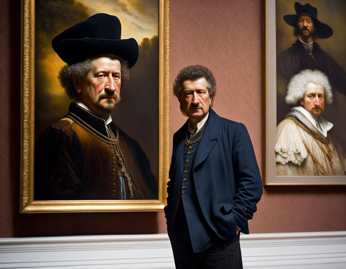 Modern man in suit contrasts with 17th-century paintings