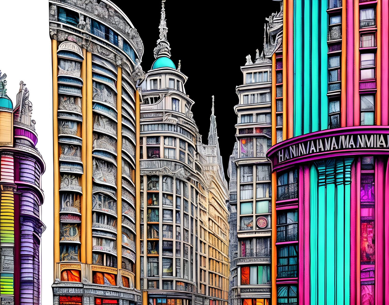 Vividly colored architectural illustration with ornate buildings and black outlines