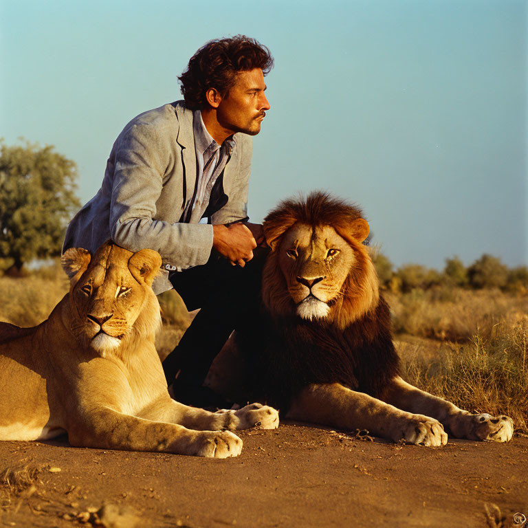 Man kneeling beside calm lioness and lion in natural setting