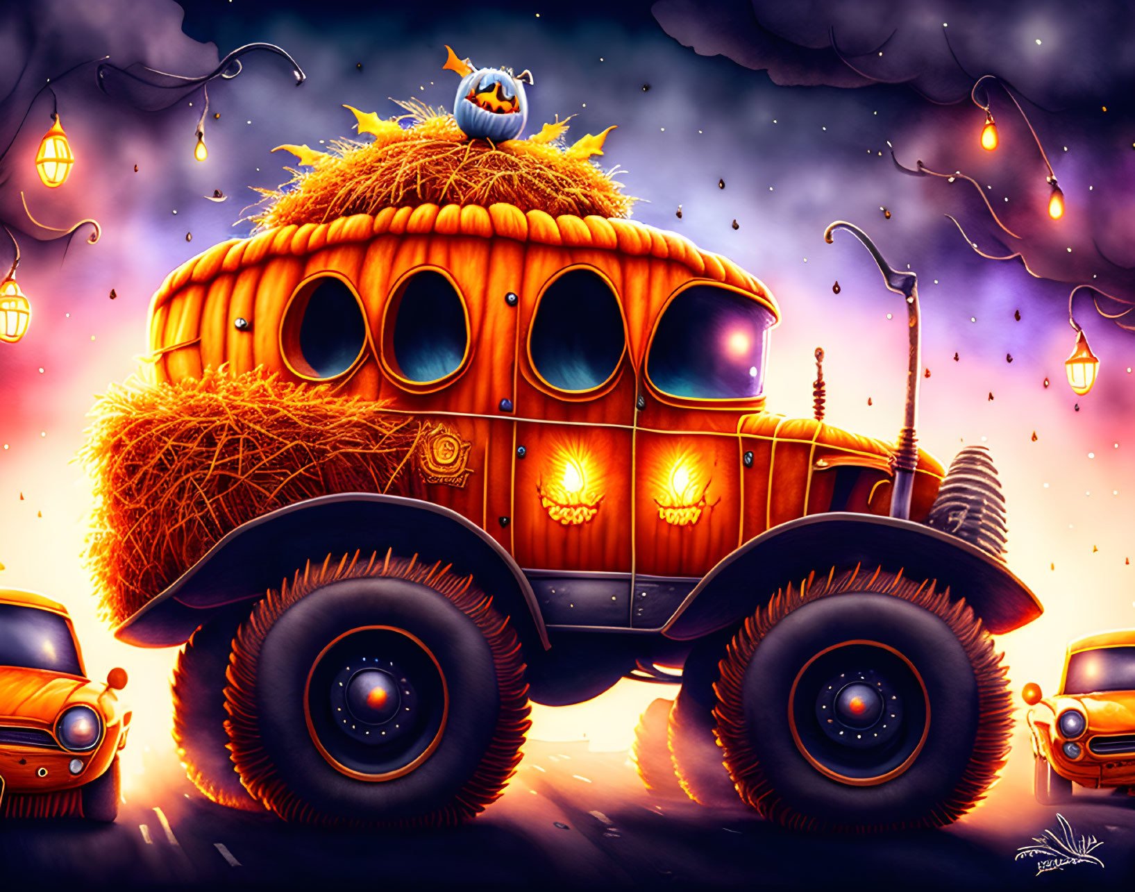 Illustration of pumpkin-themed vehicle with lanterns in twilight scene