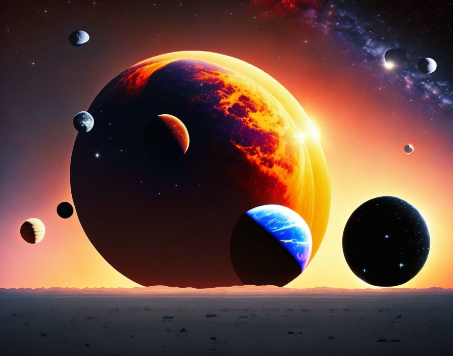 Sci-fi scene with planets and moons against starry backdrop