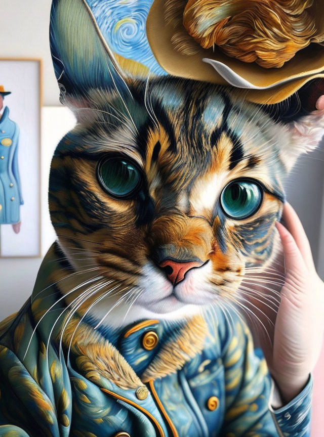 Illustration of cat with human-like eyes in hat & coat inspired by "Starry Night