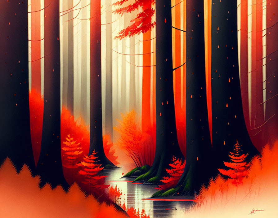 Stylized forest scene with vibrant foliage and reflective stream