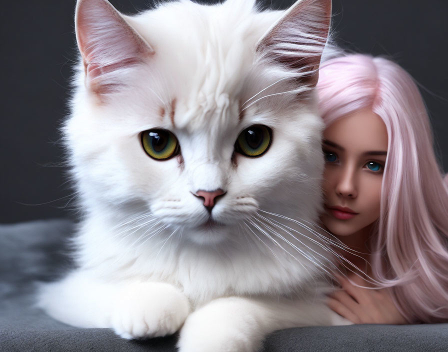 White Long-Haired Cat with Yellow Eyes and Person with Pink Hair Smiling in Background