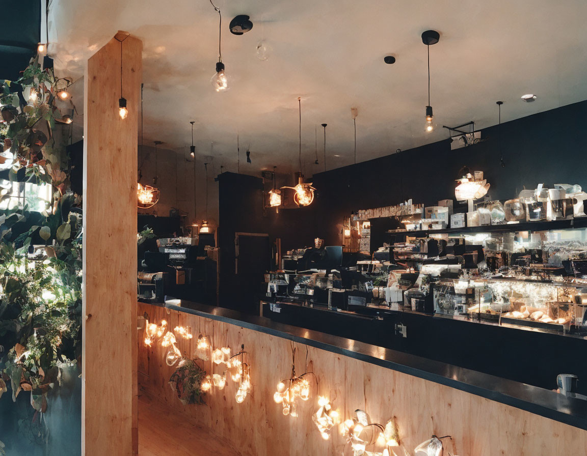 Warmly lit cafe with wooden accents and pastries counter