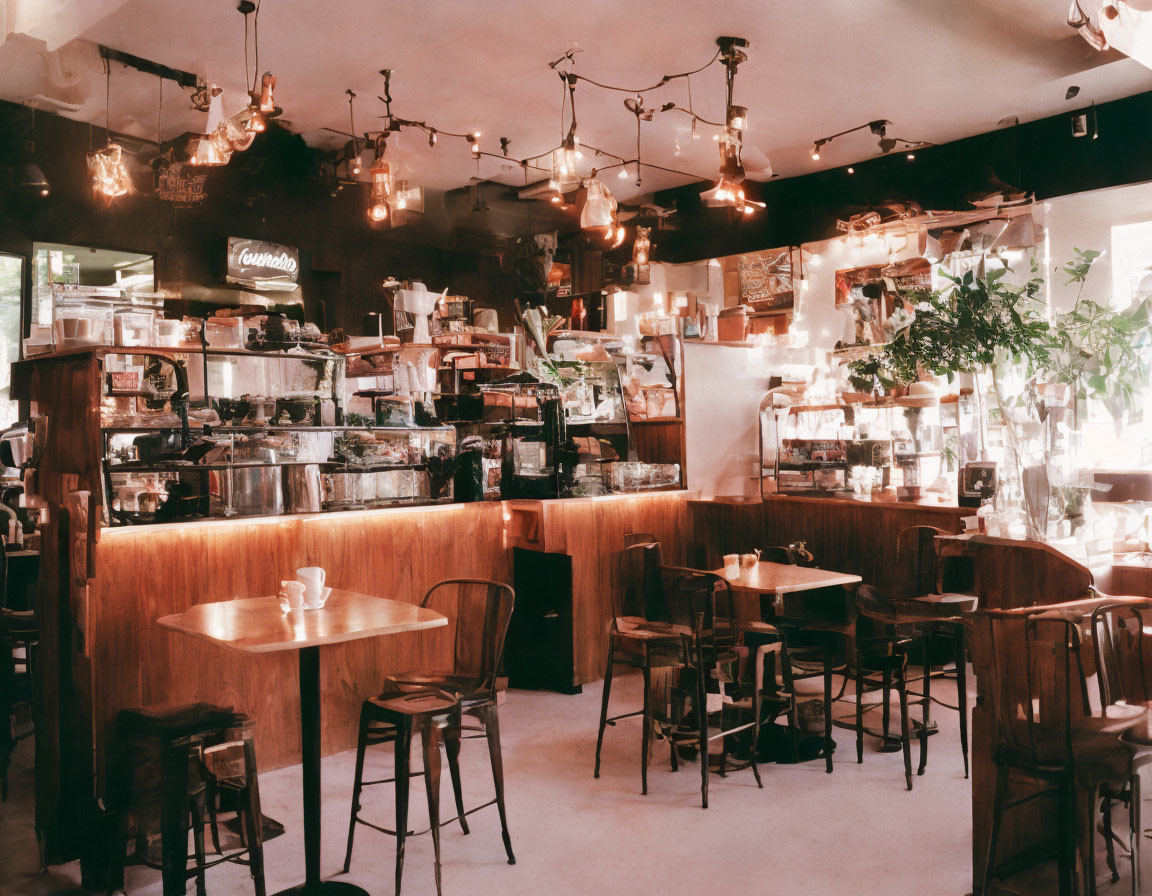 Warm Café Interior with Wooden Furniture and Plants