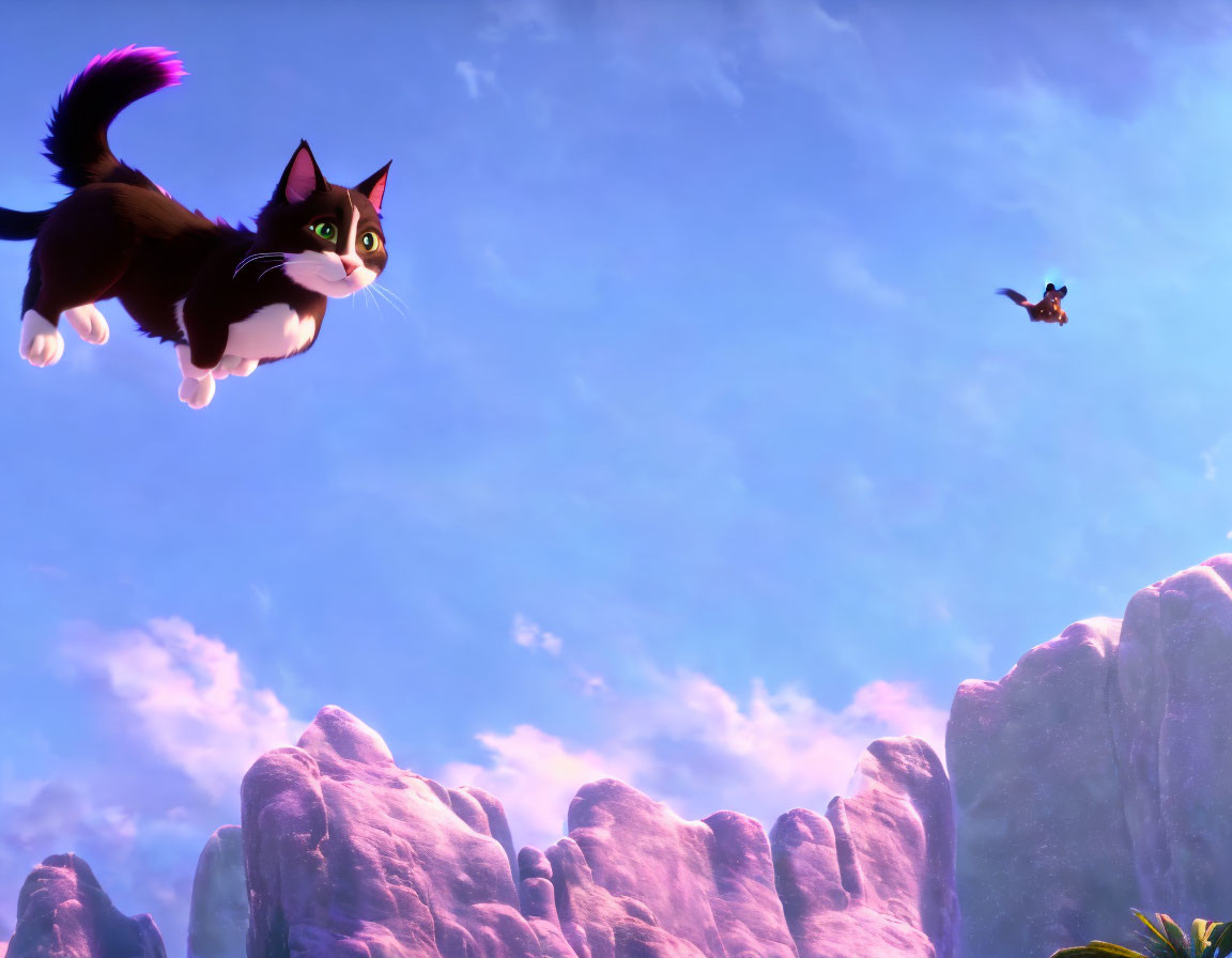 Black and white cartoon cat chasing bird in sky with pink clouds