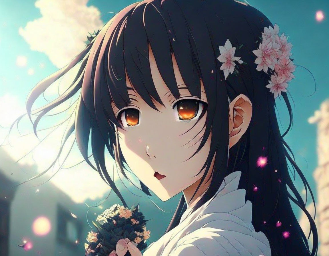 Long black hair anime girl with pink flowers and golden eyes holding bouquet