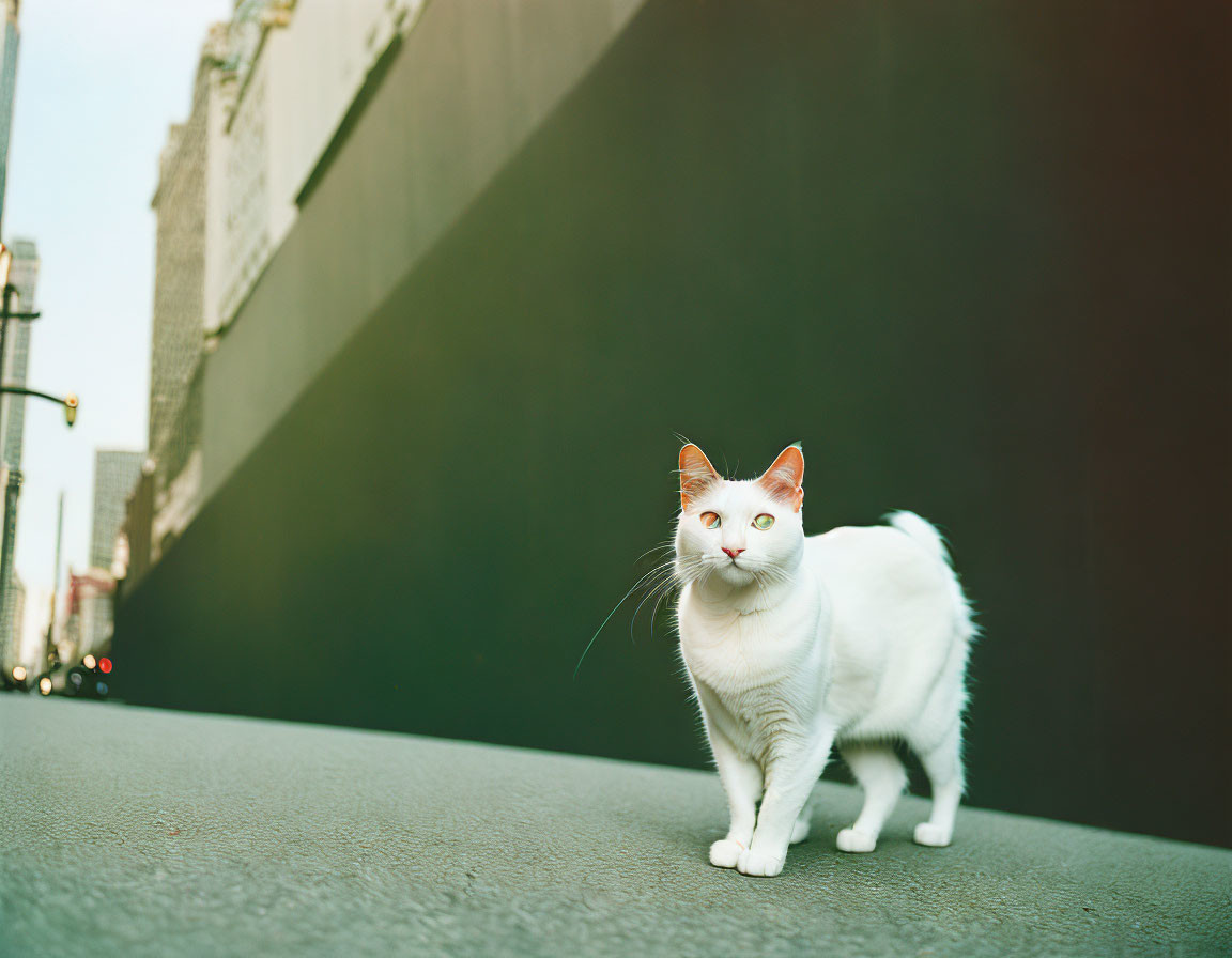 White Cat with Unique Face Mark Staring on City Sidewalk